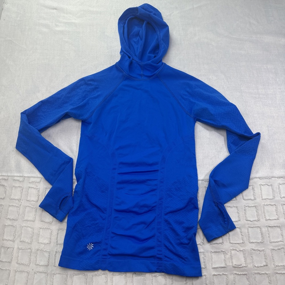 Athleta Momentum Hoodie XS Blue Seamless‎ LS Running Top 138497 Thumbhole
